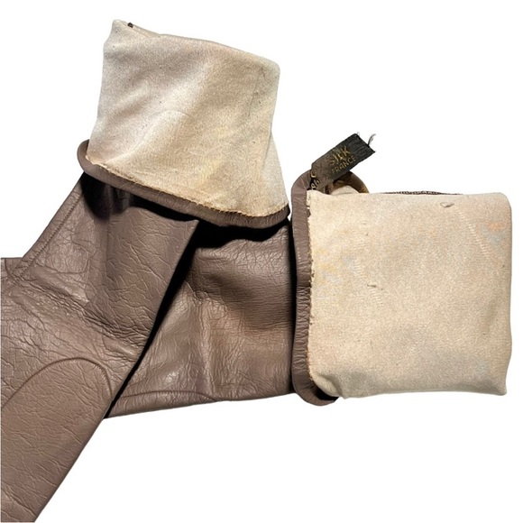 Vintage Taupe Kid Leather Elbow Length Long Gloves with Silk Lining - Picture 4 of 9